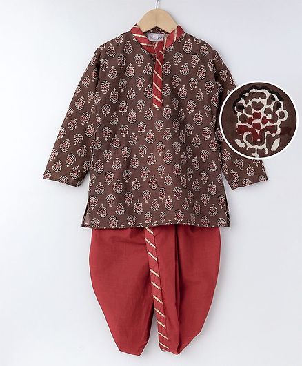 BownBee Sanganeri Printed Dhoti Kurta - Brown & Red