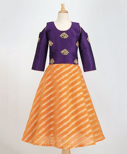 BownBee Lehriya Print Lehnga Choli Set With Dupatta - Purple & Orange