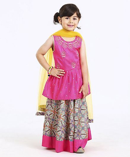 Babyhug Sleevless Choli Printed Lehnga With Dupatta - Pink & Yellow