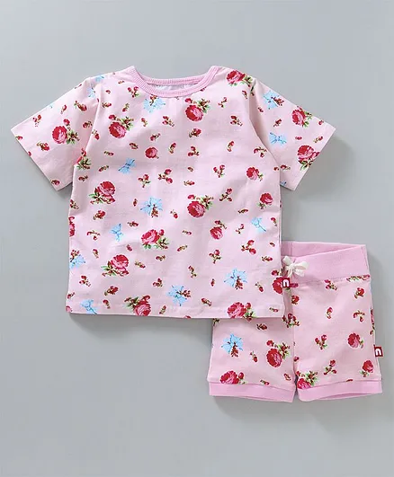 Nino Bambino Rose Print Top & Shorts Night Suit - Pink