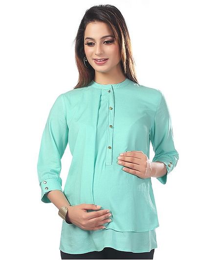 Kriti Three Fourth Sleeves Solid Maternity Nursing Top - Sea Green