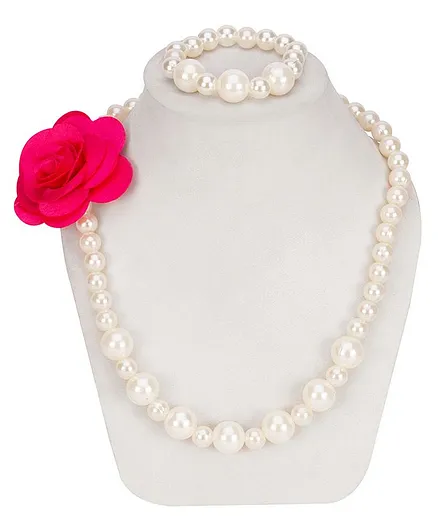 Daizy Pearl & Beads Necklace & Bracelet - Pink & White