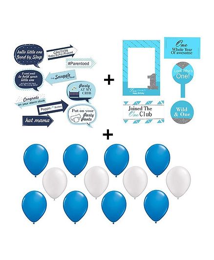 Party Propz Boys 1st Birthday Photobooth Props And Balloon Combo Blue - 36 Pieces
