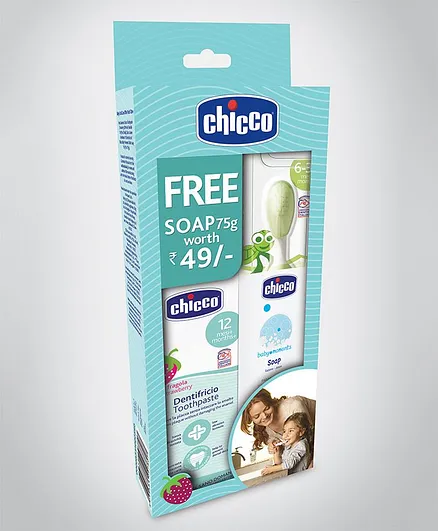 Chicco Oral Care Combo Pack Strawberry Flavour Toothpaste & Toothbrush - Green