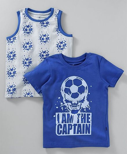 Kiddopanti Round Neck Tee Football Print Pack of 2 - Royal Blue Grey