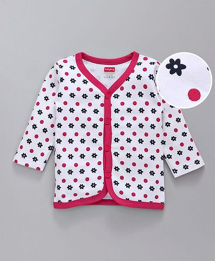 Babyhug Full Sleeves Cotton Polka Dot Vest Floral Print - White Pink