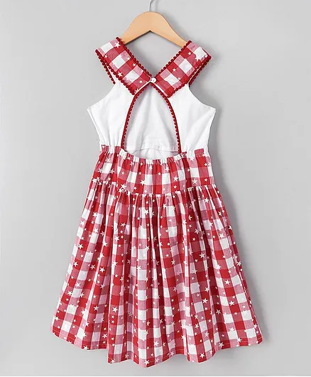 Silverthread Checks & Star Printed Dress - Red