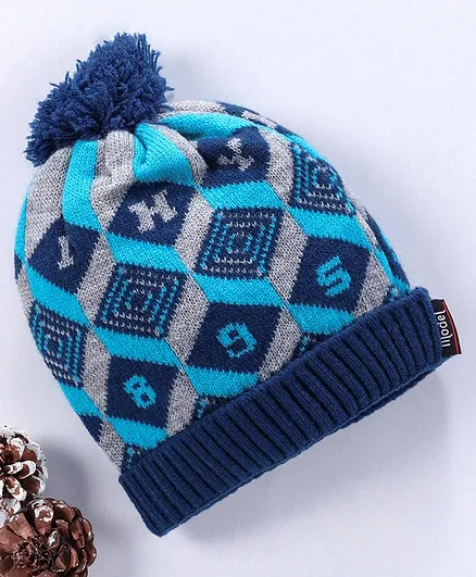 Model Woollen Cap With Pompom & Alphabet Number Design - Blue