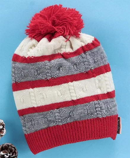 Model Stripe Woollen Cap With Pompom - Red