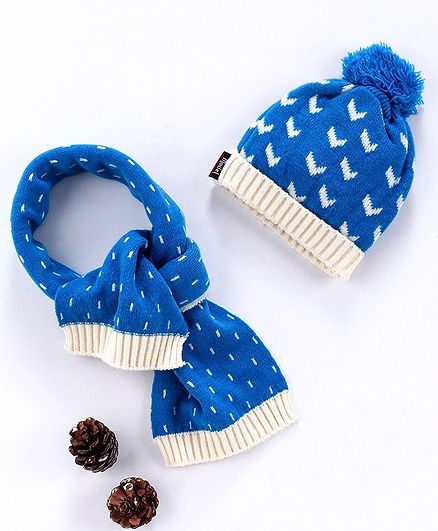 Model Woolen Cap & Muffler Set With Pom Pom - Blue