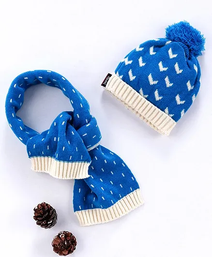 Model Woolen Cap & Muffler Set With Pom Pom - Blue