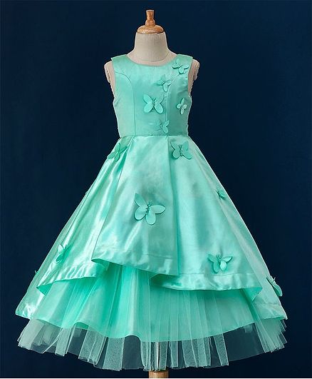 Babyoye Party Wear Sleeveless Asymmetric Frock Butterfly Appliques - Sea Green