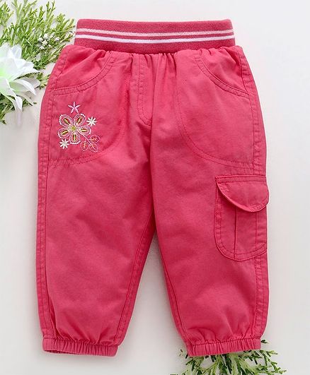 Babyhug Full Length Cotton Joggers Floral Embroidery - Coral