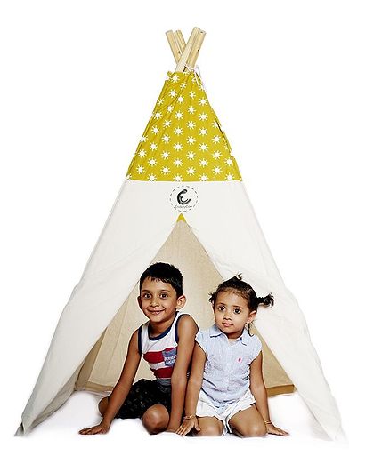 CuddlyCoo Cotton Canvas Tent With Wooden Dowels Star Print - Mustard Yellow