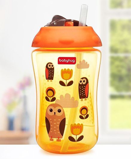 Babyhug Swipey Straw Sipper Bottle Owl Print Orange - 300 ml