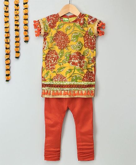 Kids Chakra Floral Chanderi Kurta & Churidar Set - Yellow