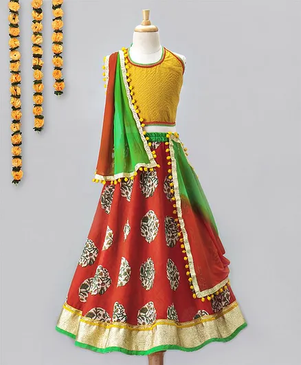 Kids Chakra Floral Ghagra & Solid Choli Set - Yellow & Red