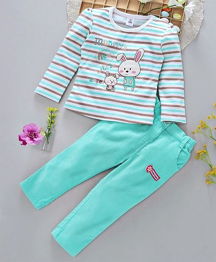 ToffyHouse Full Sleeves Tee And Corduroy Pants Bunny Patch - Sea Green White