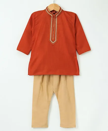 Ethnik's Neu-Ron Full Sleeves Kurta Pyjama Set - Rustic Orange