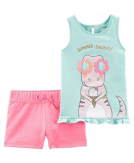 Carter's 2-Piece Dinosaur Slub Tank & French Terry Short Set - Blue Pink