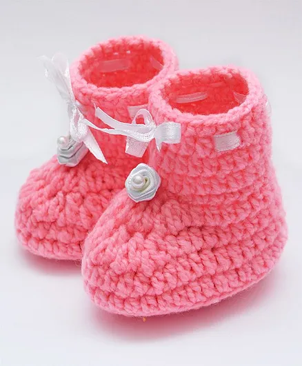 Love Crochet Art Flower Applique Booties - Pink