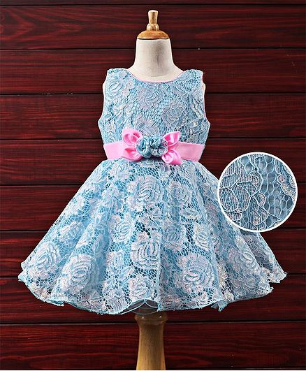 Enfance Netted Sleeveless Dress With Attached Flower - Blue