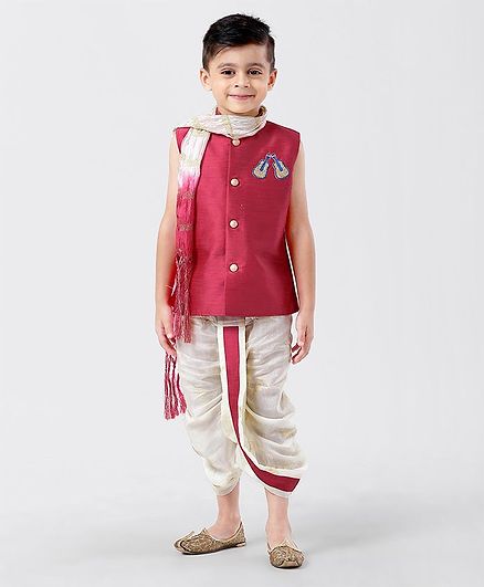 Little Aryan Sleeveless Kurta With Dhoti & Stole Guitar Shaped Zardosi Work - Dark Pune