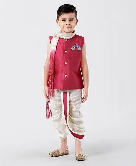 Little Aryan Sleeveless Kurta With Dhoti & Stole Guitar Shaped Zardosi Work - Dark Pune