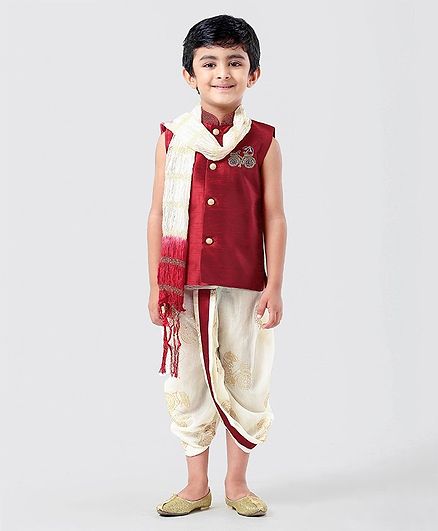 Little Aryan Sleeveless Kurta With Dhoti & Stole Cycle Shaped Zardosi Work - Maroon
