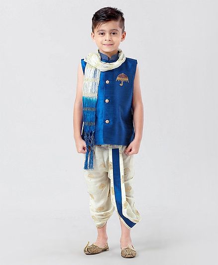Little Aryan Sleeveless Kurta With Dhoti & Stole Umbrella Shaped Zardosi Work - Blue
