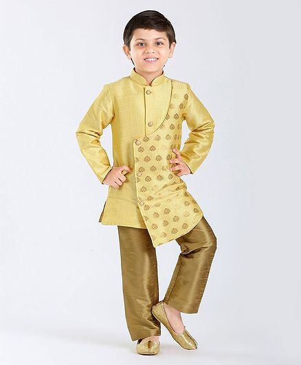 Little Aryan Full Sleeves Printed Sherwani And Pyjama Set - Yellow Golden
