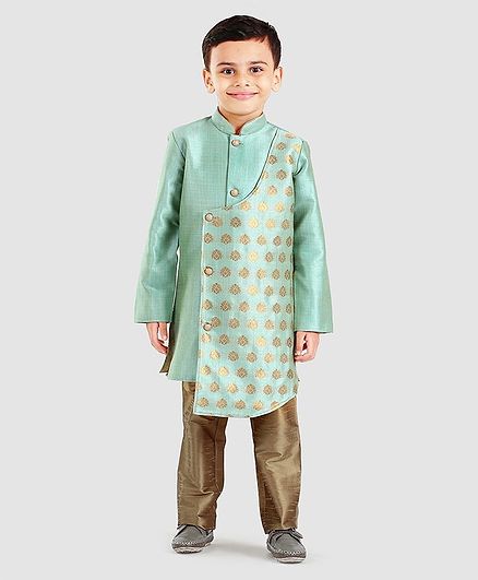 Little Aryan Full Sleeves Printed Asymmetrical Sherwani And Pyjama Set - Aqua Green Golden