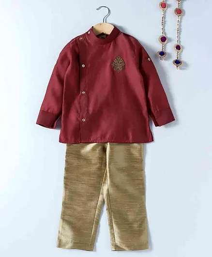 Little Aryan Full Sleeves Kurta Pyjama Set Designer Patch - Maroon Golden