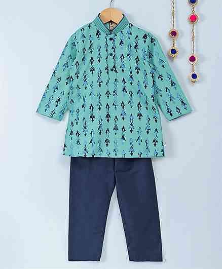 Little Aryan Full Sleeves Kurta Pyjama Set Designer Print - Sea Green Navy Blue