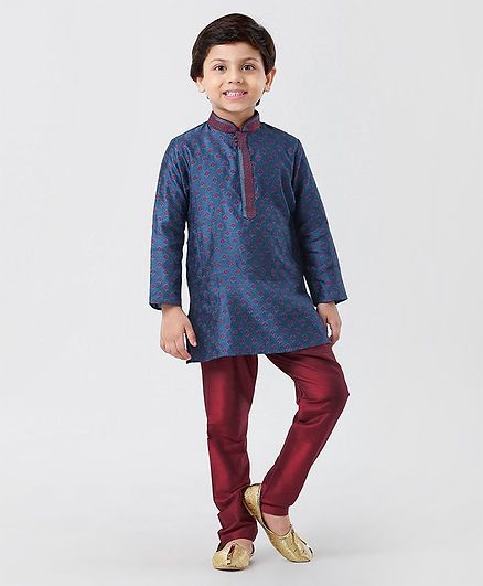 Little Aryan Full Sleeves Embroidered Kurta With Pyjama - Blue