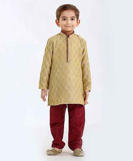 Little Aryan Full Sleeves Kurta Pajama Set - Maroon & Beige