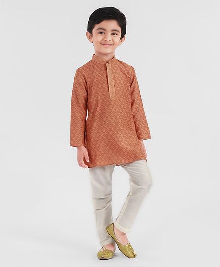 Little Aryan Full Sleeves Printed Kurta Pyjama Set - Rust Orange