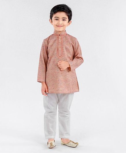 Little Aryan Full Sleeves Embroidered Kurta Pyjama Set - Rust Orange