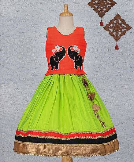 Li&Li Boutique Elephant Design Lehenga & Choli Set - Orange & Green