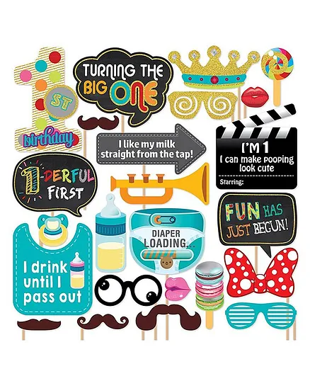 Party Propz 1st Birthday Photobooth Props Multicolour - 24 Pieces