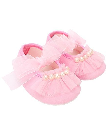 Daizy Pearl Applique Ribbon Closure Booties - Pink