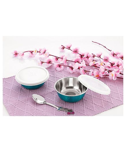 Falcon Non Spill Steel Snack Bowl With Spoon Firozi - Pack of 2