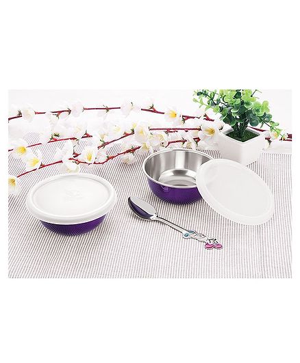 Falcon Non Spill Steel Snack Bowl With Spoon Purple - Pack of 2