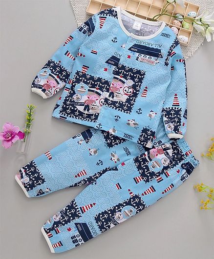 ToffyHouse Full Sleeves Night Suit Light House Print - Blue