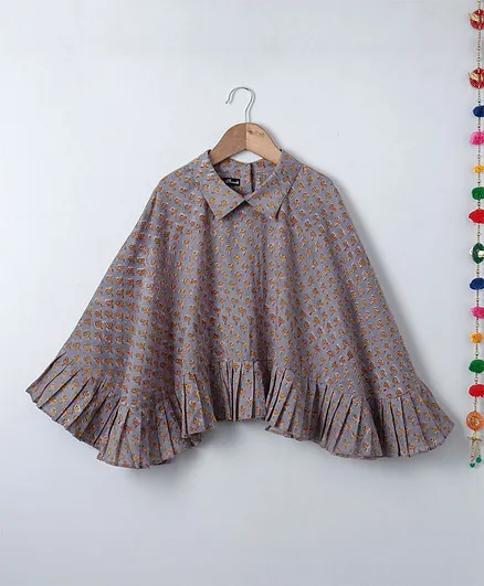Silverthread Floral Print Cape Top - Grey