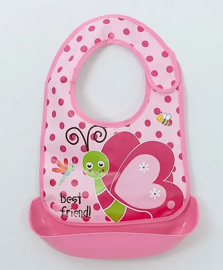 Ladybug Feeding Bib With Crumb Catcher Tray Butterfly Print - Pink