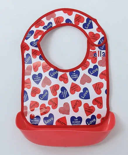 Ladybug Feeding Bib With Crumb Catcher Tray Heart Print - Red