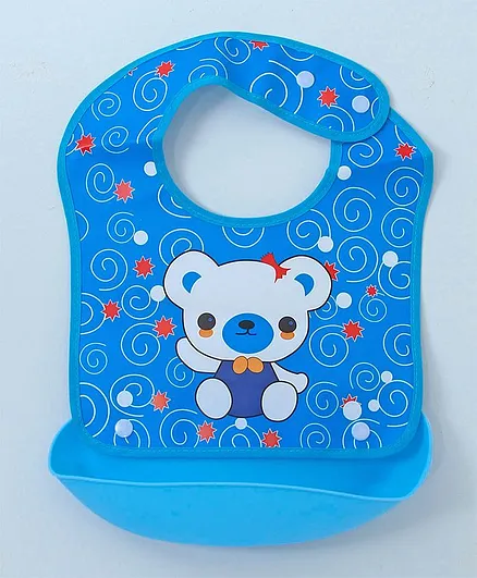 Ladybug Feeding Bib With Crumb Catcher Tray Teddy Bear Print - Blue