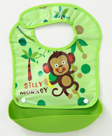 Ladybug Feeding Bib With Crumb Catcher Tray Monkey - Green