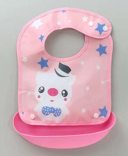Ladybug Feeding Bib With Crumb Catcher Tray Pig Print - Pink